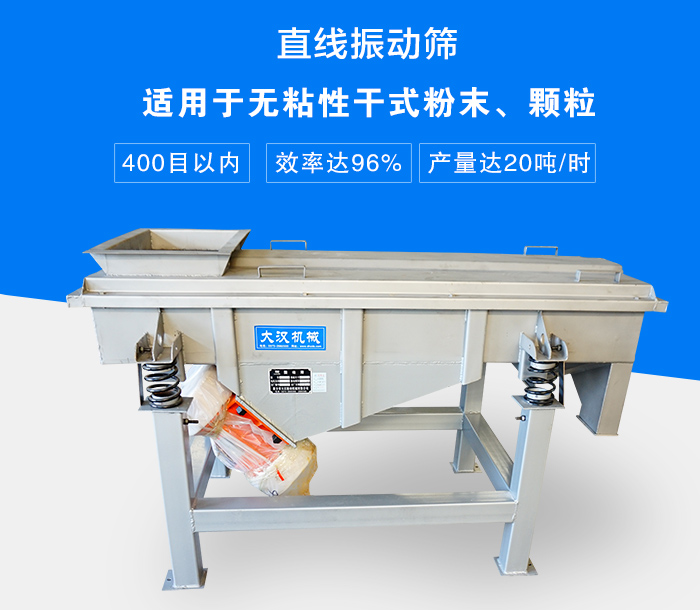 直線振動(dòng)篩適用于無粘性干式粉末、顆粒，產(chǎn)量達(dá)20噸/時(shí)